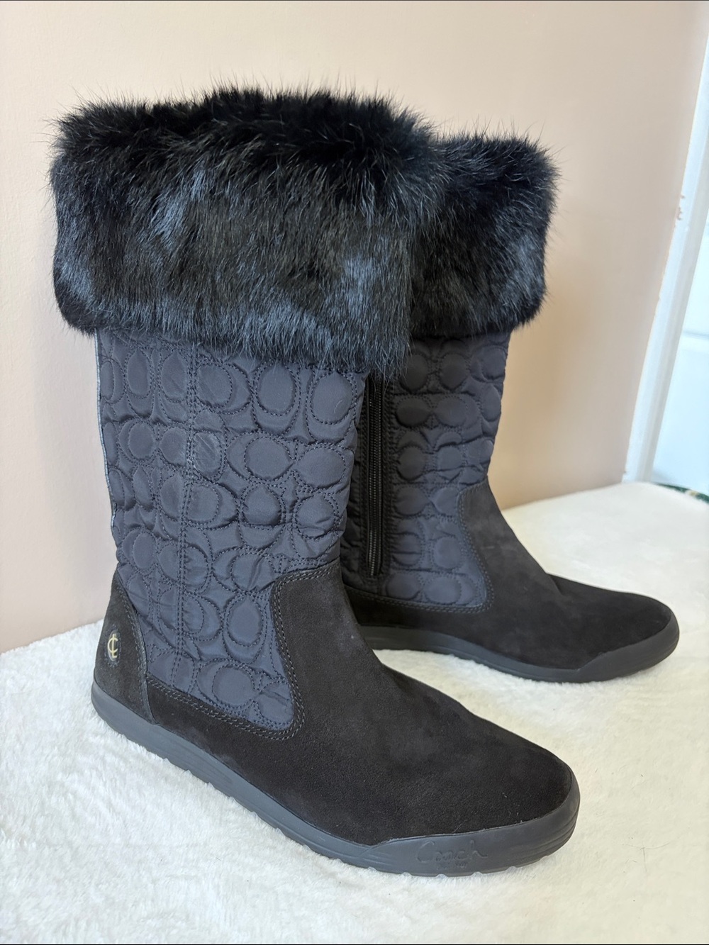 Coach Women's Black Faux-Fur Trim Quilted Winter Boots